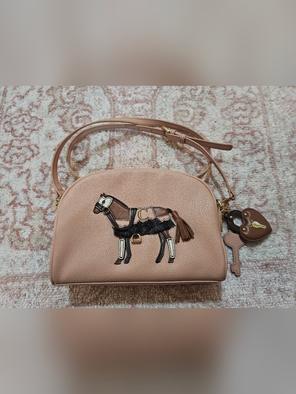 *Rare Lapalette Peppled Leather Crossbody Bag in Rose Pink with Horse Appliqué